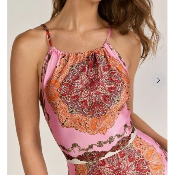 Aakaa Halter Maxi Full A-line Slip Dress Red Pink Paisley Print Women’s‎ Medium - Picture 12 of 14